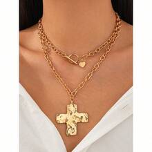 Hammered Bold Cross Necklace Thick Chain Set For Women Men Chunky Golden Silvery Statement Pendant Necklace Vintage Chain Pendant Jewelry