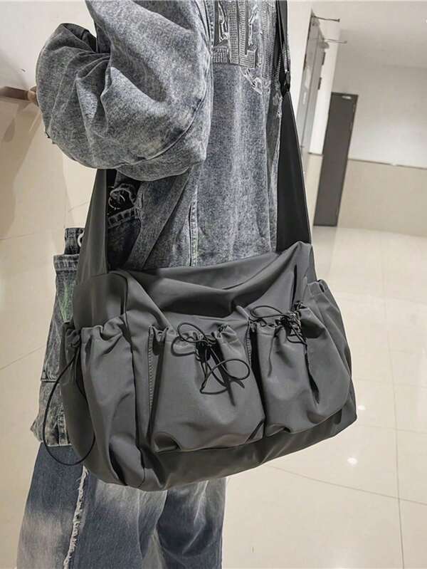 Women's Large Capacity Crossbody Bag, Unisex Multi-Pocket Drawstring Waterproof Nylon Shoulder Bag