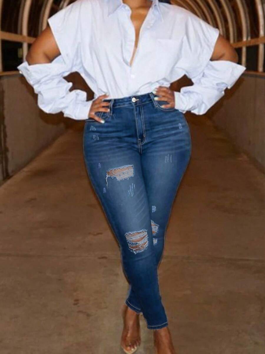 Plus Size Women's High Elasticity Small Leg Jeans Casual Pants, Slim Fit Version - 藍色 - 查看 1