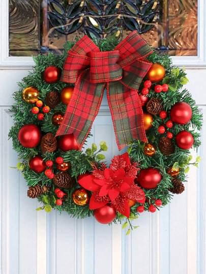 1pc 15.75inch Red Bow Christmas Ball Wreath, Shopping Mall Window Christmas Decor Hanging Ornament, Artificial Flower Wreath Hanging Ornament Full Of Holiday Atmosphere, Suitable For Indoor Party Living Room Bedroom Door Window Decoration, Home Decor Christmas Decorations Room Decor Winter