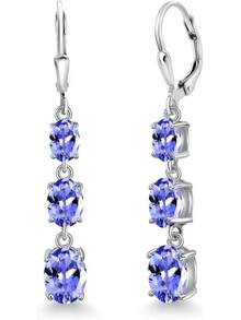 Gem Stone King 3-Stone Leverback Drop Dangle Earrings Women |   925 Sterling Silver |   Gemstone Birthstone |   Oval 8X6MM 7X5MM And 6X4MM |   Fine Jewelry Gifts Her Mom Women Wife - 坦桑石,十二月 - 查看 1