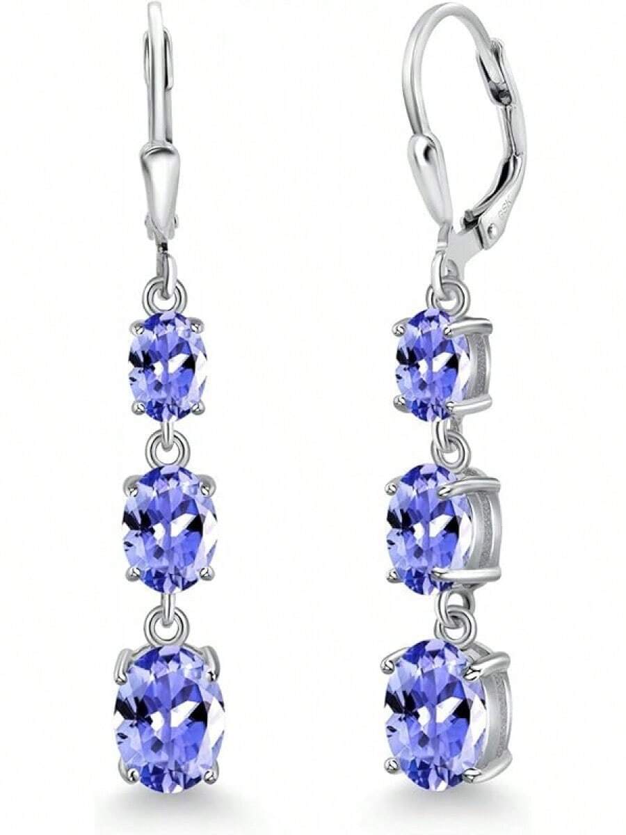 Gem Stone King 3-Stone Leverback Drop Dangle Earrings Women | 925 Sterling Silver | Gemstone Birthstone | Oval 8X6MM 7X5MM And 6X4MM | Fine Jewelry Gifts Her Mom Women Wife - 坦桑石,十二月 - 查看 1
