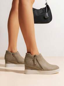 Women's Platform Wedge Sneakers Ankle Booties With An Elastic Strap And Inside Zipper Enhances Comfort - Màu Xám nhạt - Xem 4