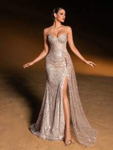 Faeriesty Haute Glamour Luxurious Sparkly Beaded Mermaid Gown With Strapless Silhouette & Dramatic Floor-Length Train For Bridal For Women