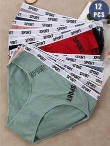 12-Pack Soft & Comfortable Women's Mid-Rise Briefs | Assorted Colors (Red, Blue, Light Pink, Beige, Purple, Dark Gray), Athletic Underwear With Stylish "SPORT" Letter Print - Nhiều màu - Xem 2