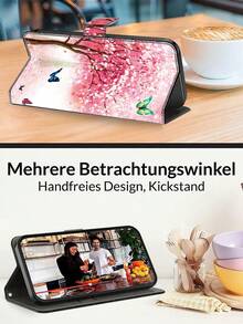 GLANDOTU Funda de cartera de cuero de PU creativa y colorida compatible con Samsung Galaxy y otras marcas, diseño de patrón de mariposa de sakura, bordes plegables dobles, ranuras para tarjetas y bolsillos, incluye cordón, versión internacional, no la versión nacional - Multicolor - Ver 3