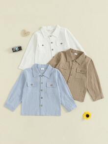 Camisas de otoño para bebés varones, camisas de manga larga de color liso con solapa y botones, blusas de otoño para niños pequeños - Caqui - Ver 8