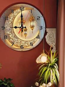 1 Pc 10" /12" Silent Moon Lantern Clock Silent Golden Moon Lantern Eid Wall Clock, Round Wood Veneer With Islamic Architecture Design | Battery Operated (AA Not Included) | Ideal For Study Or Living Room Decor, Great Gift For Holidays Home Decor - Multicolor - View 4