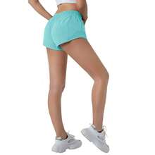 Shorts de running de tiro bajo para mujer de 6,35 cm: forro integrado, ligeros y de secado rápido con bolsillo de malla. - Azul hielo - Ver 6