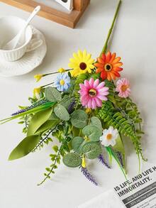 1支仿真彩色雏菊，配薰衣草和桉树枝，仿真花卉装饰，适用于家居、婚礼、花园、餐桌。 - 彩色 - 查看 7