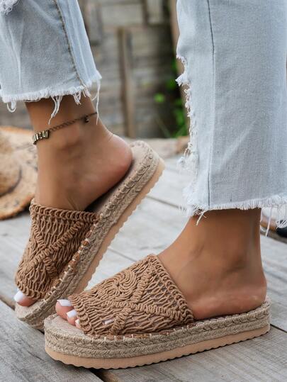 NANBEI ZUO Dép xăng đan đế bằng bằng rơm dệt họa tiết bất đối xứng dành cho nữ, kiểu dáng mùa hè mới, phong cách Bohemian cổ điển, màu nâu, thích hợp cho đi biển, dã ngoại, cắm trại, dép đế xuồng.