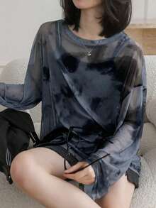 休闲扎染印花透明落肩宽松衬衫，春夏 - 藍色 - 查看 3