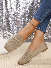 Fall/Winter Women's Fashion Minimalist Breathable Knit Square Toe Slip-On Flat Shoes, Comfortable, Lightweight, Elegant And Versatile - Khaki - View 7