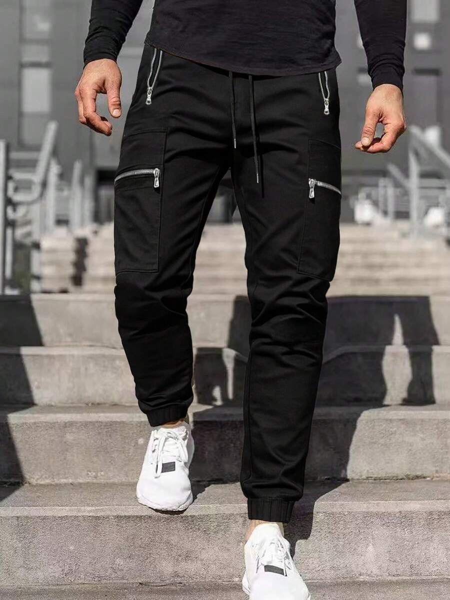 男士休闲多口袋户外工装裤，秋冬 - 黑色 - 查看 1