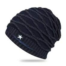 1pc Men's Loose Knit Hat With Five-Pointed Star Decoration, Thermal Lined Winter Outfits Fluffy