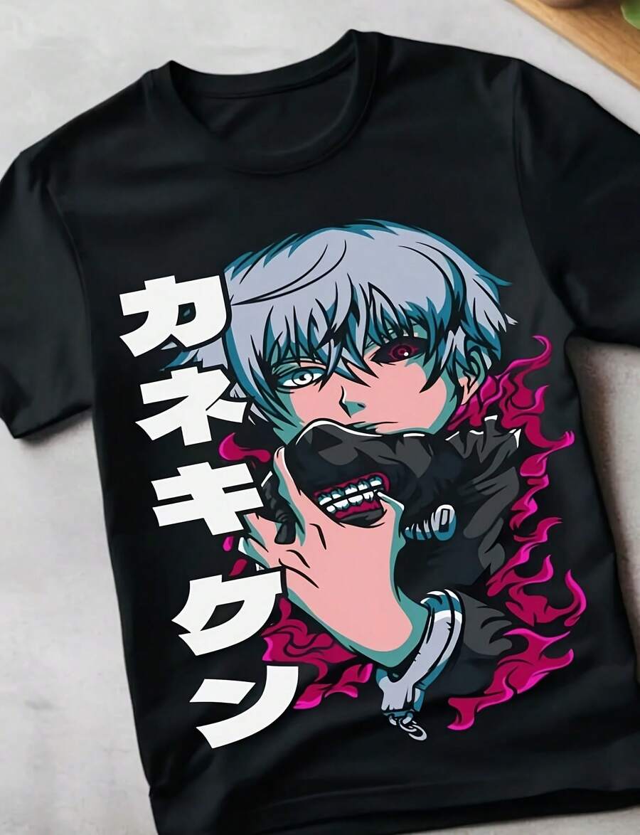 Ghoul-Style Anime Graphic T-Shirt For Men - Ken Kaneki Inspired Design, Black With Bold Japanese Text, Short Sleeve Crew Neck, Casual & Comfortable Fit For Casual Attire, Anime T Shirt, Comfortable Clothing, Vibrant Print Shirt, Nonstretch Fabricvintage Clothes Women Halloween Clothes - Đen 6 - Xem 1