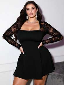 Plus Size Midnight Lace Seduction - Black Square Neck Bodycon Dress For Women Sheer Sleeves Evening Glam, Women's Versatile Lace Dress For Date Nights, Soirées  Lounge Elegance - màu đen - Xem 3