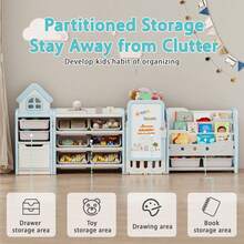 Foldable Kids Toy Storage Organizer With 10 Removable Bins And 3-Tier Bookshelf, 3 In 1 And 4 In 1 Multifunctional Large Toy Organizer With Drawing Board For Kids Bedroom Playroom Living Room - 4 in 1 Off-Light Blue - 查看 5