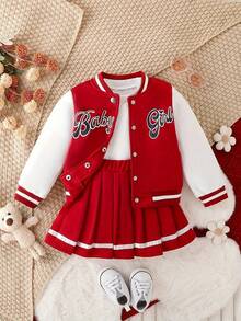 Toddler Girl Valentine's Day Casual Outfit. "Baby Girl" Letter Print Red Baseball Jacket & Pleated Skirt Set. Suitable For Sports, Photo Shoots, Everyday Wear, And Spring And Autumn Seasons. - Red+White - View 1