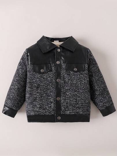 Boys' Winter Plush Lined PU Leather Jacket, Young Boy Autumn/Winter Fashionable Retro Patchwork Woolen Blend Coat