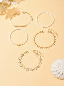 5pcs/Set Bohemian Fresh And Sweet Glaze Daisy Flower Bracelet Female Accessories Floral Painted Oil Drop Bracelet Beaded Love Summer Dopamine Color Matching Suitable For Gift Giving Daily Travel Wear - Gold - View 4
