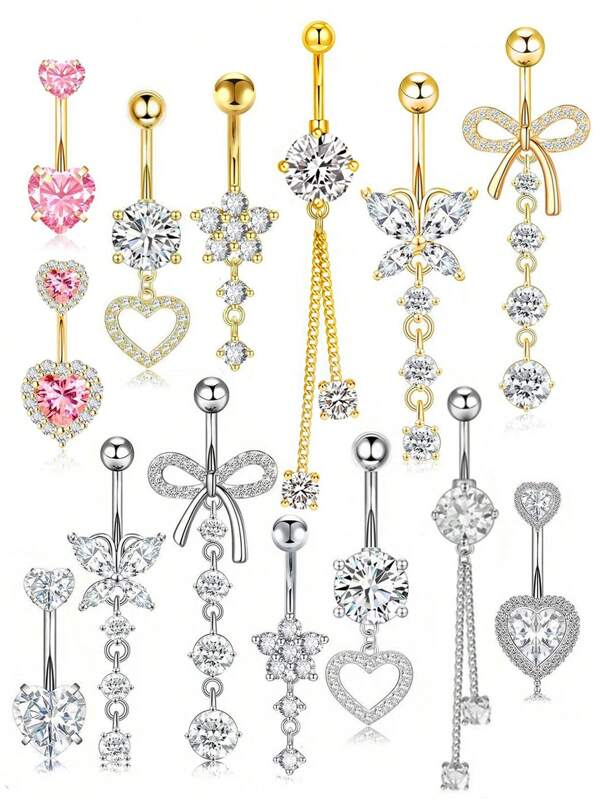 7pcs Gold/Silver Color Copper Cubic Zirconia Heart Flower Bow Pendant Necklace 316 Stainless Steel Spiral Belly Button Ring Jewelry, Suitable For Daily Wear