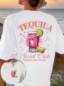 100% Pure Cotton Women's Casual Style White Short - Sleeve T - Shirt With A Tequila Cocktail And Lime Print. The Slogan Is "CHEAPER THAN THERAPY", Sisters Wear, Essential For Outdoor Travel, Women's Casual Short-Sleeve, Streetwear T-Shirt Design, Breathable Fabric