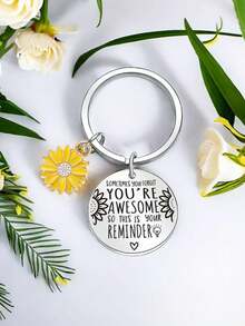 1pc/8pcs/16pcs/24pcs Inspirational Sunflower You're Awesome Key Chain Gift Set,Inspirational Sunflower Keychain Gifts,With Stainless Steel Key Chain,Green Leaf Thank You Card, White Organza Gift Bag - Multicolor - View 4