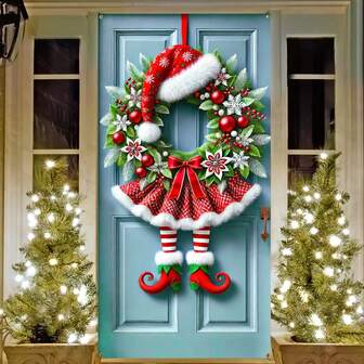 88.9 X 177.8cm Charming Christmas Wreath Door Banner - Polyester Holiday Porch Decor, Suitable For Vacation Home And Party, No Power Required