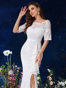 Đầm maxi ren toàn thân cổ chữ V, viền bèo nhún, thích hợp cho dạ hội, mùa thu, tiệc trang trọng, váy cưới trắng, váy cô dâu, cũng thích hợp cho sinh nhật, dạ hội, lễ tốt nghiệp, ngày lễ và các dịp khác. - trắng - Xem 10