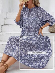 全花卉印花扭领灯笼袖休闲夏季连衣裙，日常穿着