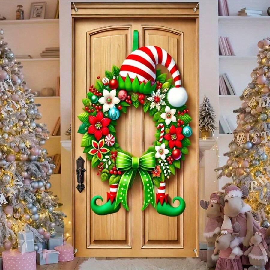 1pc Festival Elf Wreath Door Curtain, No Power Required, Perfect For Indoor And Outdoor Decoration, Perfect For Gatherings And Family Celebrations, Easy To Hang Design With Ring, Christmas Decoration
