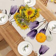 1/25pcs Purple Tulip Pattern Printed Linen Table Runner, Suitable For Holiday Parties, Birthday Dinners, Kitchen & Dining Room Decor, Furniture & Home Textile Decoration. It Is A Versatile Home Decor Item Applicable For All Seasons, Great For Party/Holiday Decorations, And Also An Excellent Gift For Parents And Friends. - ZQ-292 - View 10