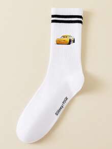 Disney 1/5双装汽车卡通图案中筒袜，运动双条纹，可爱卡通设计，防臭透气休闲百搭船袜，适合学生/成人作为礼物和日常穿着，袜子 - 白色 - 查看 6