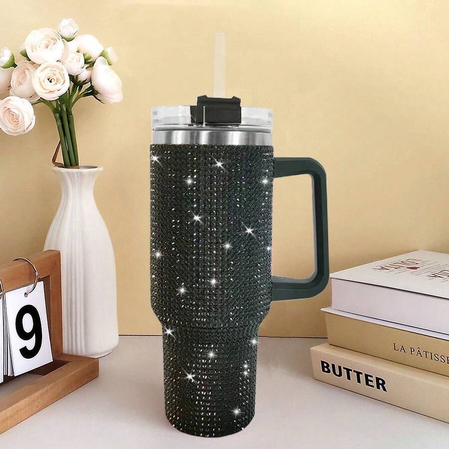 40oz Tumbler With Handle & Straw Lid, Studded Bling Design, Stainless Steel Double Wall Vacuum Insulated, Travel Mug Water Bottle, Fits Cup Holder - 黑色 - 查看 1