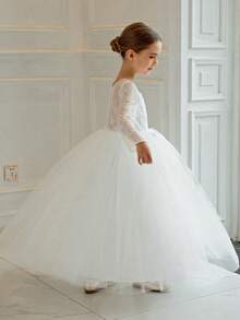 Đầm ren trắng dài tay cho bé gái tuổi teen, kiểu dáng công chúa thanh lịch, thích hợp cho các bữa tiệc ngày lễ, sinh nhật, ngày Valentine, dạ hội, bé gái cầm hoa, phù dâu, lễ cưới. - trắng - Xem 5