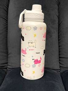 1pc Double Wall Insulated Tumbler With Lid & Straw - 12/20/32oz (14oz) Leak-Proof Travel Mug, Cartoon Cat Design - Suitable For Car, Office, Gym, Birthday/Christmas/Halloween Gift - Dishwasher & Non-Slip Base, Cylindrical Design, Thermal Water Bottle