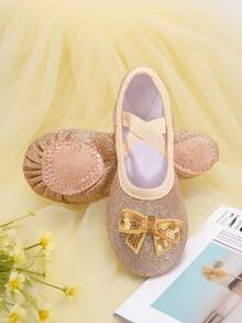 一双儿童黄色可爱公主蝴蝶结芭蕾舞鞋，软底室内训练鞋，全弹力面料，舒适耐穿，套穿式，非常适合舞蹈和表演。 - 金色 - 查看 2