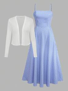 Women's Sleeveless Plaid Print Waist Flare Dress With Knit Cardigan, Bohemian Print Outfit For Date - Blue and White - View 3