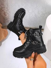 2025新款女士厚底复古百搭英伦风踝靴，适合春秋季 - 黑色 - 查看 2