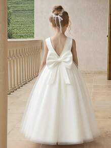 Girls' Elegant White Bow & Pearl Backless Dress, Princess Gown For Flower Girl, Prom, Party, Wedding, Birthday, Christmas - White - View 3