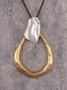 1pc Minimalist Gold & Silver Tone Alloy Bohemian Water Drop Pendant Necklace, Vintage Artistic Beach Style Necklace For Women, Couples, Daily Wear - Wax Rope - View 5