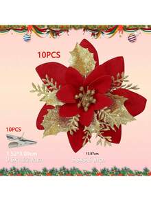 Set de 10 piezas de cabezas de flores artificiales para decorar árbol de Navidad, corona, decoraciones para Navidad, boda, fiesta y vacaciones (Rojo y Dorado) - 10 cabezas de flores rojas. - Ver 7