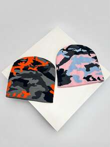 1pc Autumn/Winter Camouflage Color Series Knit Beanie Hat, Warm Streetwear Contrast Color Unisex Hip Hop Outdoor Cap