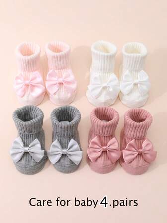 4 双女婴棉质蝴蝶结装饰防滑中筒袜，适合幼儿室内地板上爬行，四季皆宜