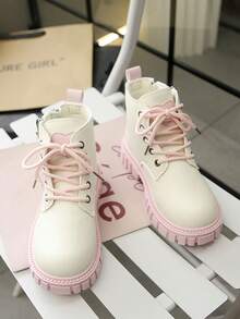 1 Pair White Infant/Toddler Children's Military Boots, Solid Color, Soft Matte Fabric, Inside Zipper, Front Lace-Up Design, Round Toe, Warm, Thick Sole, Wear-Resistant, British Style Classic Short Boots, Suitable For Boys/Girls, Students, Casual, Holiday, Party, Autumn/Winter New