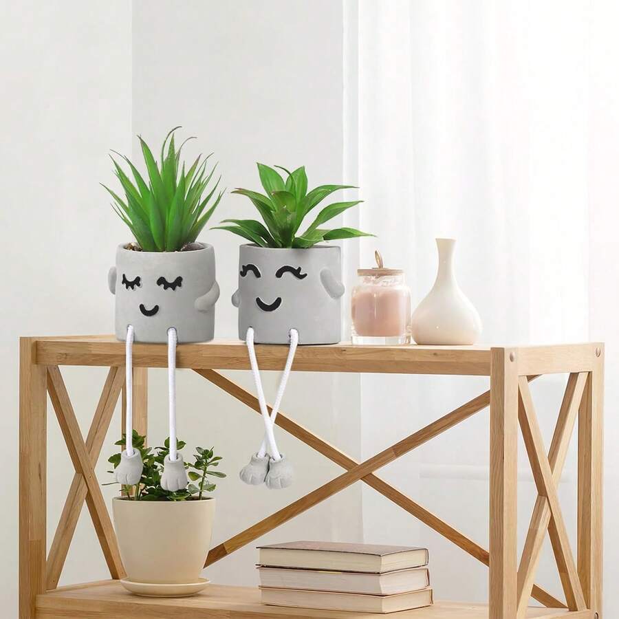 Succulente artificiali in vasi decorativi, piccole piante sospese con gambe in cemento, succulente artificiali per la decorazione di casa, ufficio, tavolo e soggiorno - Bianco - Visualizzare 1