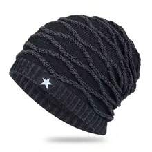 1pc Men's Loose Knit Hat With Five-Pointed Star Decoration, Thermal Lined Winter Outfits Fluffy
