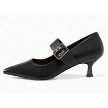 Womens Mary Jane Kitten Heels Pointed Toe Dress Pumps Buckle Work Office Shoes - màu đen - Xem 4