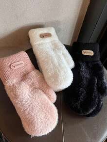 1 Pair Double Layered Velvet Thickened Warm Gloves Solid Color Versatile Cold Protection Gloves For Outdoor Cycling Winter Warm Unisex Plush Lining Mittens Birthday Christmas Gifts - Mittens - View 9